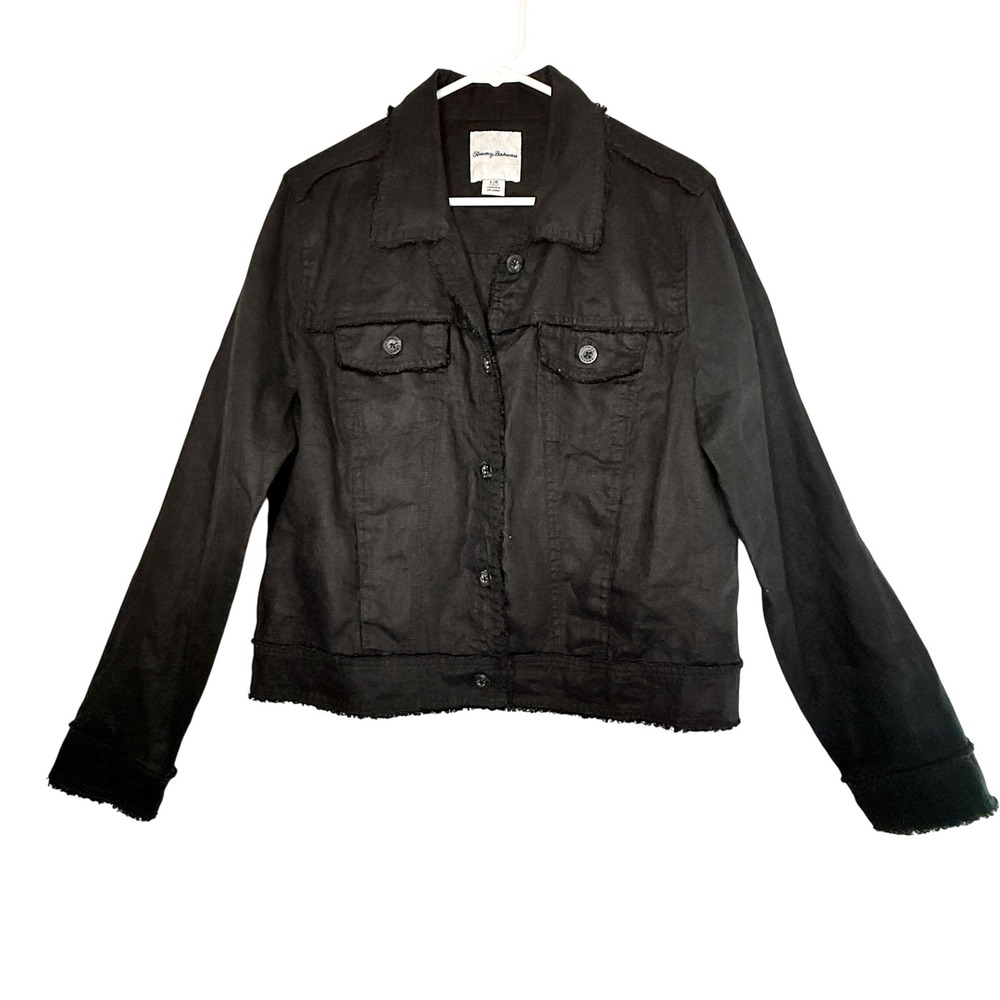Tommy Bahama Two Palms Linen Raw Edge Jacket Women L Black 100% Linen Resort